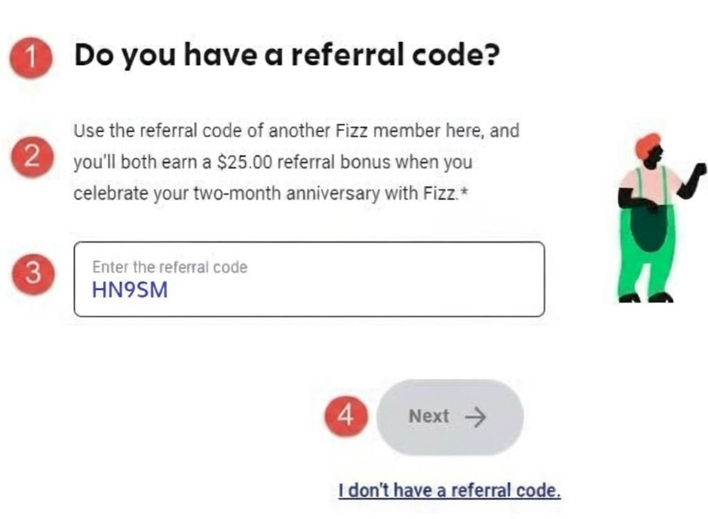How to enter Fizz referral code HN9SM during checkout